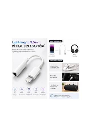 Lightning To 3.5mm Kulaklık Adaptörü Dijital Ses Dönüştürücü Aux Çevirici Müzik Destekli Beyaz
