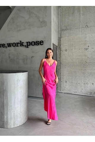 Simala Jakarlı Askılı Saten Elbise Asimetrik - Pembe Pembe