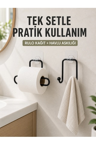 Banyo Ve Mutfak İçin Yapışkanlı Havlu Askılığı Ve Rulo Kağıt Tutucu Set Antrasit Melanj