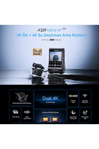 Viofo A229 Ultra 2 Kameralı Ön Ve Arka Dış Su Geçirmez 4k+4k Sony Starvis 2 Sensörlü Dual Hdr Wi-fi 6 Gps'li Araç Kamerası
