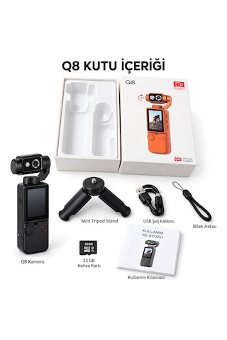Q8 Dijital Mini Tripod Standlı 32 Gb Hafıza Kartlı Kamera Hd Video Kaydı Fotoğraf Çekimi Vlog Çekimi 180 Derece Dönebilen Lens 2.0 İnç Ekran 2000mah Batarya Aksiyon Kamerası Otomatik Odaklanma