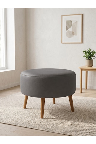 Modern Gri Deri Puf Yuvarlak Oturma Pufu Ahşap Ceviz Ayaklı Demonte 60x46 Cm