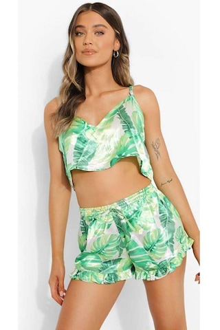 For Dreams Kadın Yaprak Desenli Fantezi Şort Takım Yeşil
