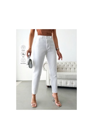 Kene Jeans Yüksek Bel Beyaz Keten Mom Pantolon Beyaz