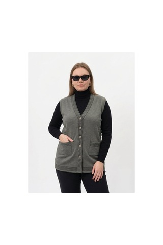 Onno Style Women Bantı Hasır Desenli Çelik Örgü Klasik Triko Yelek Gri
