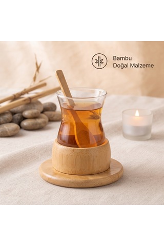 18 Parça Bambu Çay Seti - 6 Çay Bardağı - Borosilikat Cam Diğer