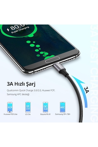 Ugreen 60408 USB-C to USB-A 3A QC Örgülü Hızlı Şarj Kablosu 3 Metre Siyah