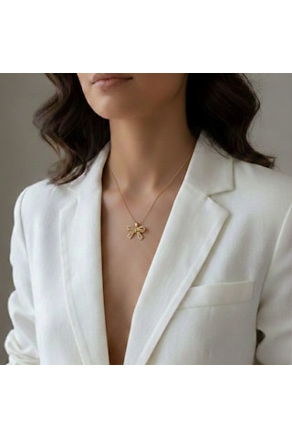 Lente Aksesuar Çelik Kararmaz Zirkon Taşlı 14k Altın Rengi Fiyonk Kolye Gold