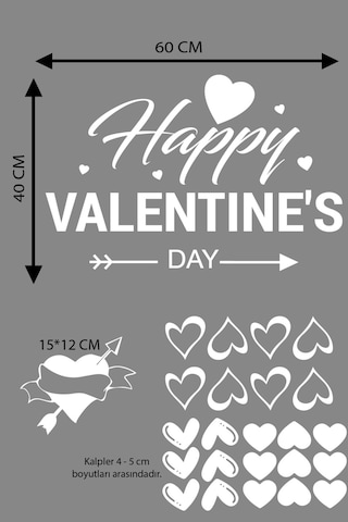 Happy Valentine's Day Sevgililer Günü Sticker Kalp, Love, I Love You Cam, Duvar Sticker Etiket Seti-4 Renkli