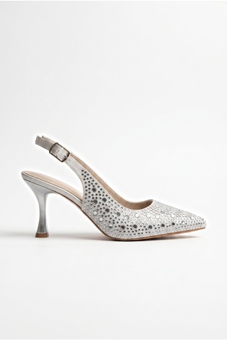 V.s.h Velvet Kadın Gri Taş Detaylı Kumaş Sivri Burun Stiletto Abiye Arkası Açık Topuklu Ayakkabı 1352-2252