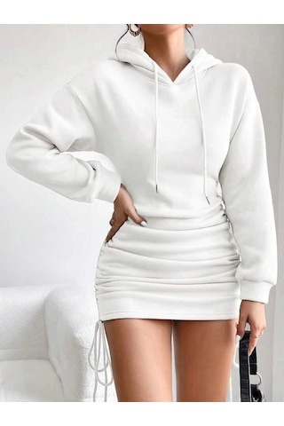 3 İplik Şardonlu Kapşonlu Elbise Beyaz Beyaz