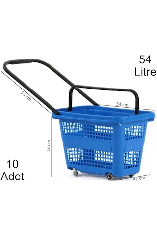 54 Litre 4 Tekerlekli Plastik Alışveriş El Sepeti Mavi 10 Adet / En:42 Boy:54 Yükseklik:44 Cm