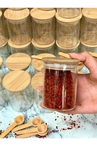 Romans Bambu Raflı Bambu Kapaklı 9'lu Baharatlık Seti 10 Parça ŞEffaf