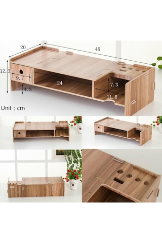 Sones Lcd Ekran Güçlendirici Ahşap Klavye Rafı Masaüstü Depolama Rafı Rafı Kiraz Ağacı