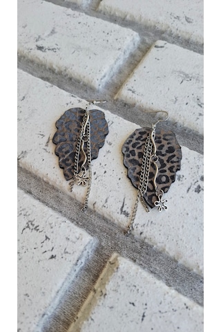 Metalik Gri Leopar Deri Zincir Detaylı Bohem Küpe