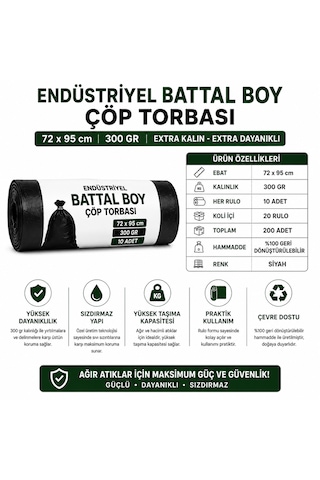 Endüstriyel Battal Boy Çöp Torbası 72x95 Cm 300 Gr - 20 Rulo X 10 Adet Toplam 200 Adet Kalın Ve Dayanıklı Siyah Çöp Poşeti