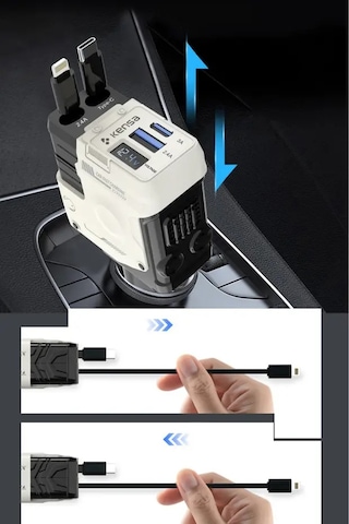 66w Araç Hızlı Şarj Cihazı Usb-c & İos Uyumlu Geri Çekilebilir Kablo Dijital Ekran 66w White