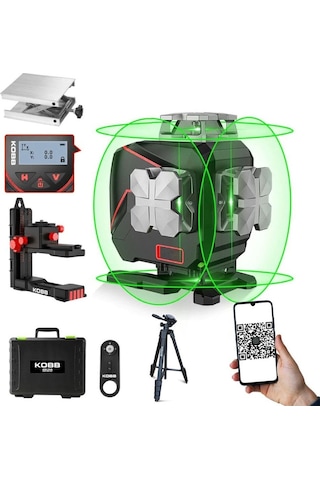 Kobb Kbl36gtp Profesyonel Li-ion Şarjlı 4x360⁰ Lcd Ekran Otomatik Hizalamalı Yeşil Çapraz Çizgi Lazer Distomat + Uzaktan Kumanda + Tripod + Taşıma Çan
