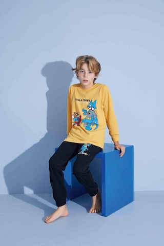 Tarık Erkek Çocuk Sevimli Kedi Desenli Uzun Kollu Pijama Takımı-962 Sarı