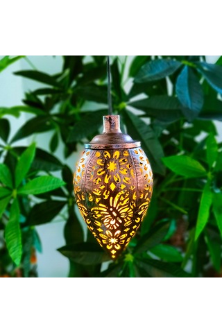 Dofolink Güneş Enerjili Bahçe Aydınlatması, Demir Çelik Kelebek Desenli Asılı Fener, Islak Taş Desenli Konik Lambader, Sıcak Beyaz Işık 8-10 Saat Süre Kahverengi