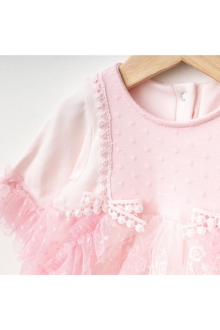 Ürünya Kız Bebek Uzun Kollu Bandanalı Tüllü Tokalı Elbise Pembe