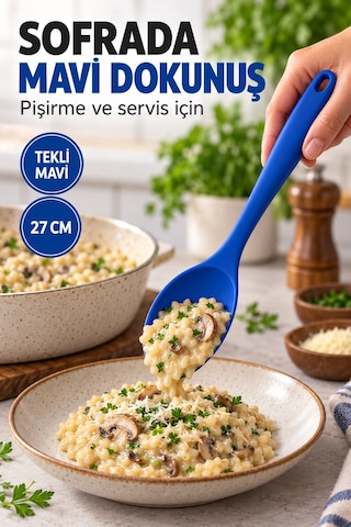 Tekli Mavi Büyük Boy Silikon Kaşık 27 Cm Mutfak Yemek Pişirme Ve Servis Kaşığı Sunum Ve Pişirme İçin