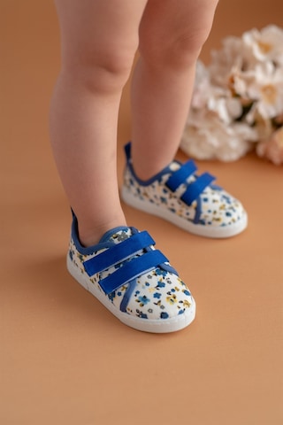Çiçek Desenli Çift Cırtlı Keten Spor Çocuk Ayakkabısı-saks-f-498 Saks