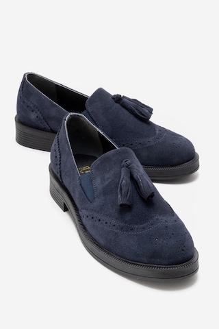 Luvishoes Alex Lacivert Süet Hakiki Deri Püsküllü Lastikli Kadın Loafer Ayakkabı Lacivert