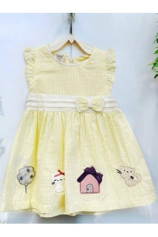 Zekids Kız Bebek Fiyonklu Patch Nakışlı Elbise-14527 Sarı