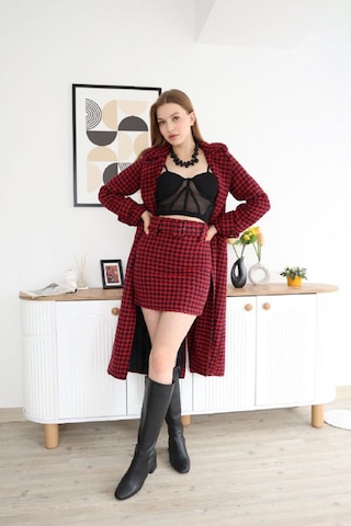Neşeli Butik Kadın İthal Kaşe Kumaş Etek Ve Kaban İkili Takım Nbemp2576 bordo