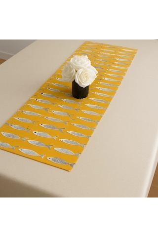 Alaçatı Balık Desenli Runner, Duck Kumaş Runner, Su Ve Leke İtici Dayanıklı, Modern Tasarım 40x150 Sarı