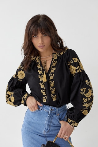 Femelle Kadın Siyah Püsküllü Nakış İşlemeli Vintage Bluz