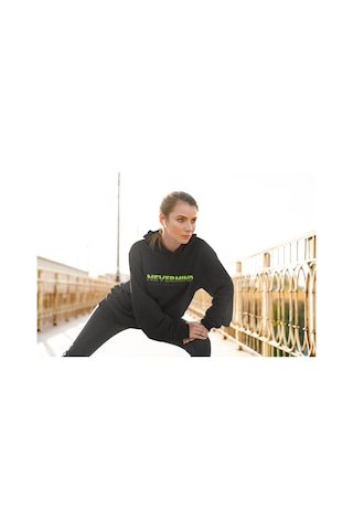 Nevermınd Unisex Yazı Baskılı Oversize Baskılı Kapşonlu Sweatshirt 3 Iplik Siyah Siyah