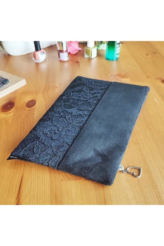 Ju Yaratıcı Tasarım Kadın Portföy & Clutch Çanta Süet Dantel Siyah