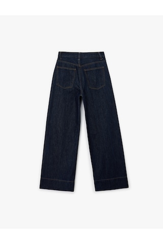 Koton Pamuklu Düğmeli Yüksek Bel Nervürlü Geniş Paça Denim Pantolon - Wide Leg Jeans Koyu İndigo 6sal40123md İndigo