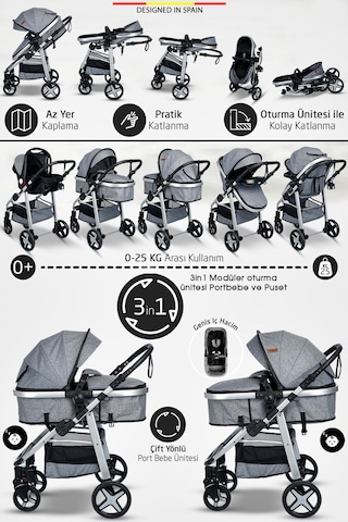 Baby Home 950 Tayla 6 In 1 Mama Tablalı Çift Yönlü Travel Sistem Bebek Arabası Siyah