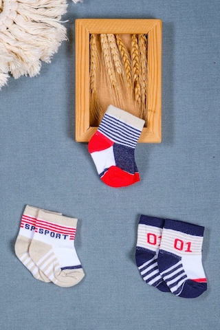 Cocole Socks Erkek Bebek Soket Çorabı 3 Lü Set Pamuklu Sportif Kolej Temalı & Çizgi Desenli Çok Renkli
