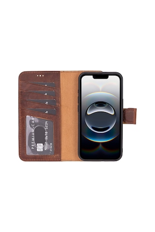 İphone 16e Uyumlu, Hakiki Deri, El Yapımı, Cüzdanlı Kılıf, Antik Kahve Kahverengi