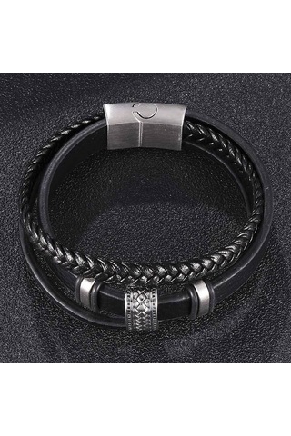 Yeni Moda Erkek Çok Katmanlı Örgülü Deri Bileklikler Paslanmaz Çelik El Takısı Halat Bileklikler Erkek İçin Bileklik Hediye Siyah