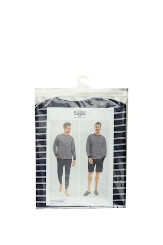 Kiğılı 3'lü Bisiklet Yaka Çizgili Pamuk Pijama Takımı Hsszyokg33003 Koyu Lacivert