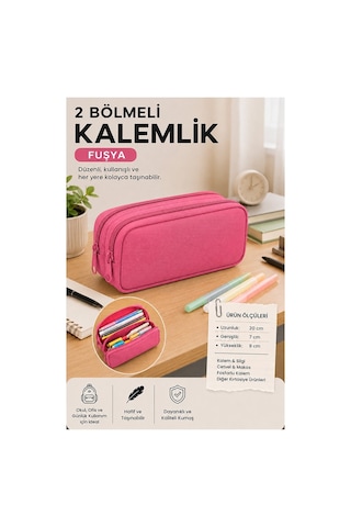Pembe Bez Kalemlik 1 Adet Stilo Kl22 İki Bölmeli Fermuarlı Bez Kalemlik Kırtasiye Çocuk Okul Kalem Makyaj Kutusu