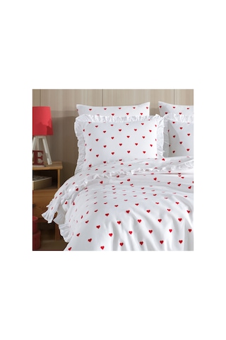 Fırfırlı Kalpli Çift Kişilik Nevresim Takımı 4 Yastık Kılıfı Lastikli Çarşaflı 200x220cm Çok Renkli