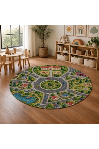 Kartela Halı Şehir Kavşağı Yuvarlak Çocuk Oyun Halısı Kaymaz Dot Taban Yıkanabilir 120 Cm Çap