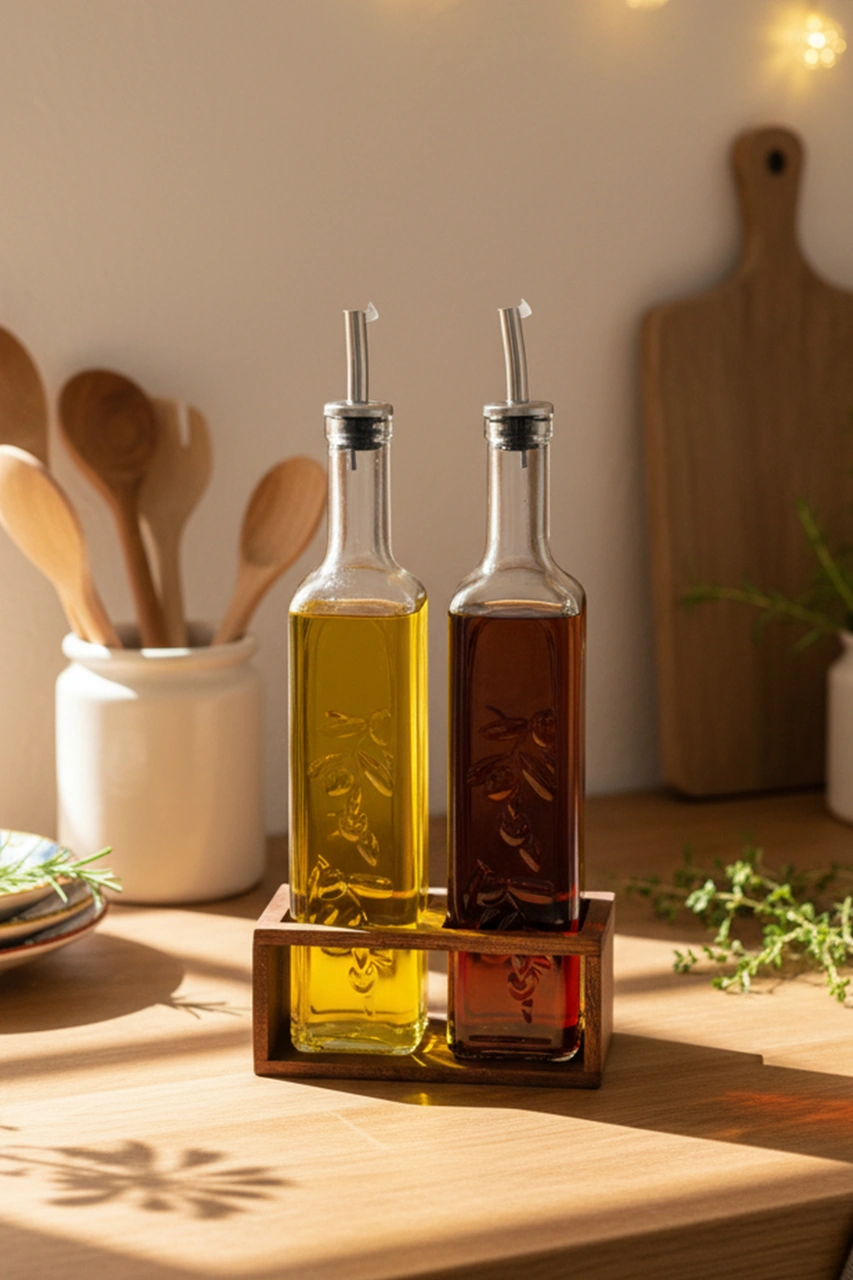 Snippy Olea - 2'li Ahşap Yüksek Standlı Cam Zeytinyağı Şişesi Yağlık Damlatmaz Yağlık Sirkelik 500ml Ahşap