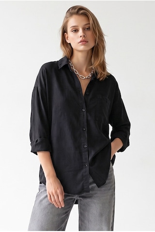 Mixray 4963 Kadın Tencel Kumaş Oversize Cepli Uzun Kollu Gömlek Siyah