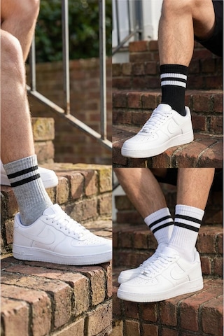 Lykos Unisex 3'lü Paket %90 Pamuklu Çizgili Kolej Çorap Seti - Siyah - Beyaz - Gri