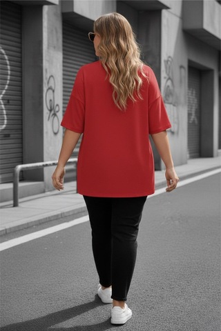 Mily Kadın Büyük Beden Battal Basic Bisiklet Yaka Pamuklu T-shirt Rahat Kesim Unisex Sevgili Kombini Kırmızı