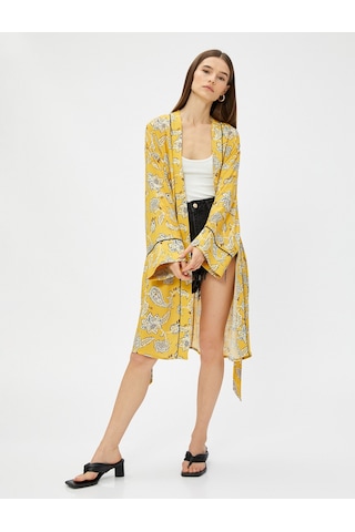 Koton Kimono Midi Boy Kuşaklı Viskon Hardal Desenli 3sak50008cw 3SAK50008CW1D9 Hardal