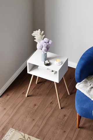 Ahşap Ayaklı Raflı Komodin Beyaz