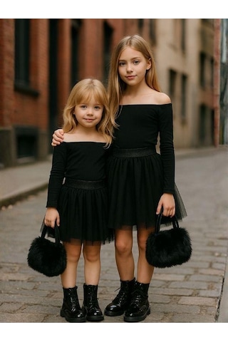 Kız Çocuk Beli Lastikli Tütü Etek-16227 Siyah